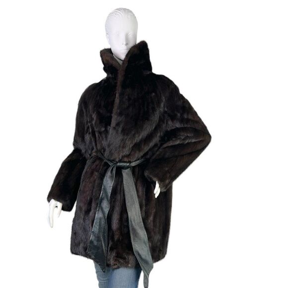 Sakowitz Vintage Mob Wife Dark Brown Mink Stroller Coat Leather Sash Size S/M - Picture 10 of 16